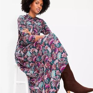 LOFT Floral Patterned Dress in Teal and Purple Paisley Print
